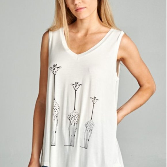 White V Neck Trio of Giraffes Tank Top | New With Tags - Picture 3 of 4